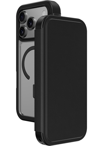 iPhone 17 Pro Max Uyumlu Pu Kartlıklı Kapaklı Amazingthing Glamour Foilo Serisi Kılıf Siyah