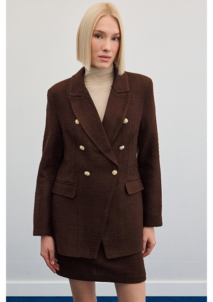 Düğme Detaylı Tüvit Ceket - Kahve