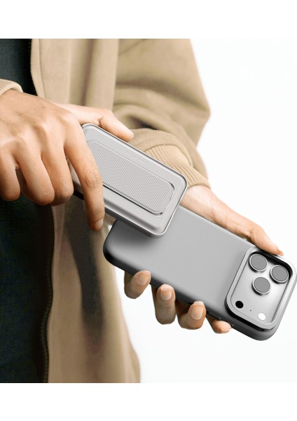 iPhone 17 Pro Max Kılıf M-Safe Şarj Özellikli Standlı Amazingthing Glamour Mag Serisi Pu Kapak Gri