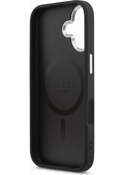 iPhone 17 Kılıf Guess Lisanslı M-Safeli Pu Deri Metal Kamera Çerçeveli Üçgen Logolu Siyah