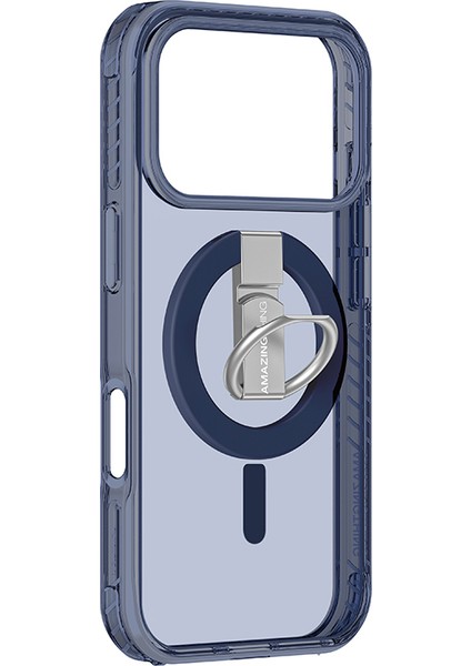 iPhone 17 Pro Kılıf M-Safe Şarj Özellikli Yüzük Standlı Amazingthing Titan Pro Serisi Kapak Mavi modelleri