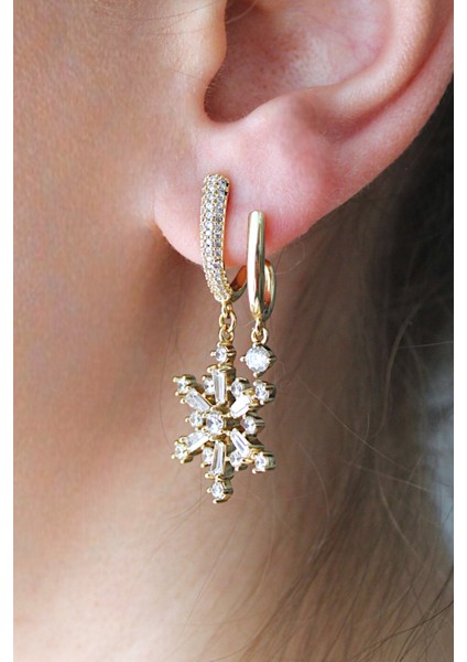 Vıp Çelik Baget Taşlı Ikili Görünümlü Kar Tanesi Küpe