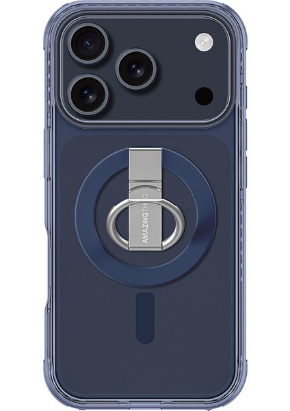 iPhone 17 Pro Max Kılıf M-Safe Şarj Özellikli Yüzük Standlı Amazingthing Titan Pro Serisi Kapak Mavi