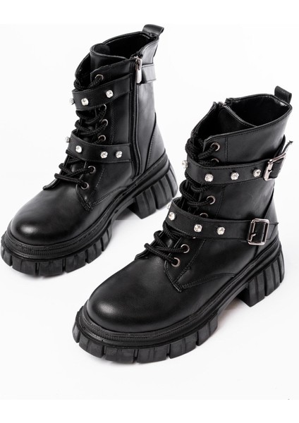 842-03 Siyah Bağcıklı Kalın Tabanlı Bağcıklı Fermuarlı Günlük Kadın Bot indirimleri