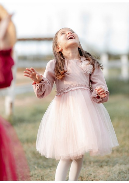 Rosa Kadife Kabarık Tüllü Kız Çocuk Elbise Pembe