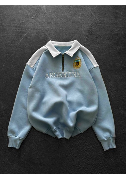 Argentına Polo Yaka Yarım Fermuar Oversize Taraftar Sweatshirt