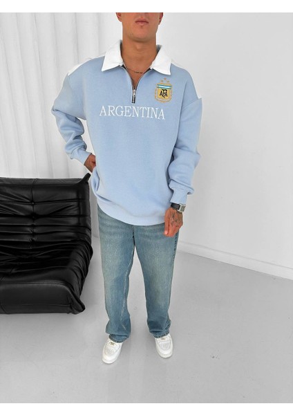 Argentına Polo Yaka Yarım Fermuar Oversize Taraftar Sweatshirt modelleri