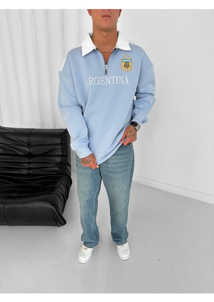 Argentına Polo Yaka Yarım Fermuar Oversize Taraftar Sweatshirt indirimleri
