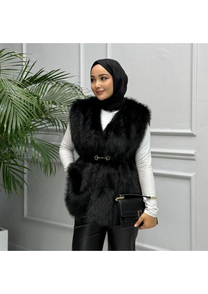 Kadın Astarlı Kemerli Rahat Kalıp Kürk Siyah Yelek