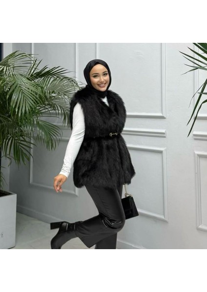 Kadın Astarlı Kemerli Rahat Kalıp Kürk Siyah Yelek fiyatları