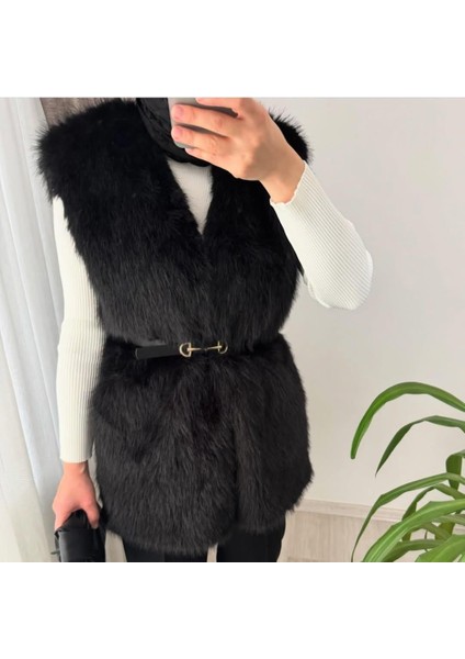 Kadın Astarlı Kemerli Rahat Kalıp Kürk Siyah Yelek modelleri