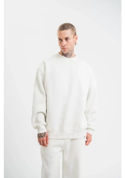 Unisex Uzun Kol Bisiklet Yaka Yıkamalı Sweatshirt - Beyaz