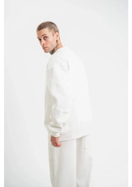 Unisex Uzun Kol Bisiklet Yaka Yıkamalı Sweatshirt - Beyaz indirimleri