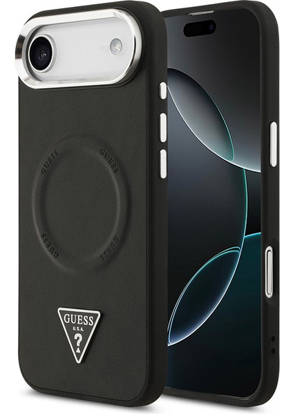 iPhone 17 Air Kılıf Guess Lisanslı M-Safeli Pu Deri Metal Kamera Çerçeveli Üçgen Logolu Siyah