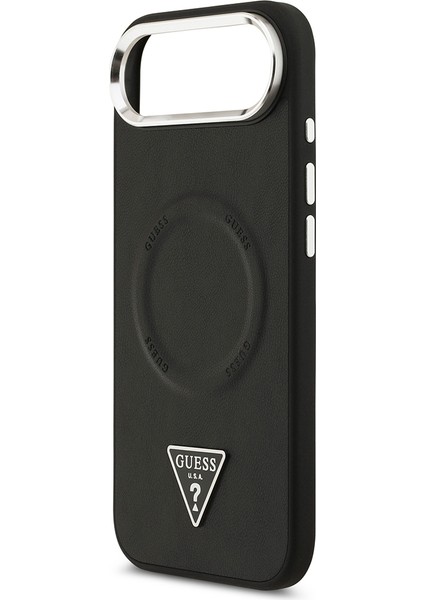 iPhone 17 Air Kılıf Guess Lisanslı M-Safeli Pu Deri Metal Kamera Çerçeveli Üçgen Logolu Siyah