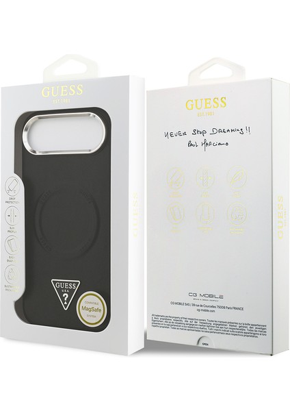 iPhone 17 Air Kılıf Guess Lisanslı M-Safeli Pu Deri Metal Kamera Çerçeveli Üçgen Logolu Siyah