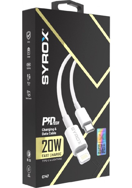 C147 Qc 3.0A 20W 1mt Type-C - Lightning Şarj & Data Kablosu - Beyaz fiyatları