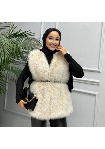 Kadın Astarlı Kemerli Rahat Kalıp Kürk Krem Yelek