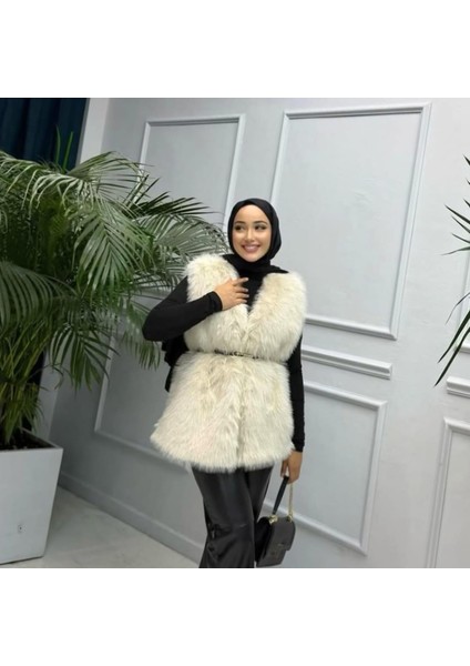 Kadın Astarlı Kemerli Rahat Kalıp Kürk Krem Yelek fiyatları
