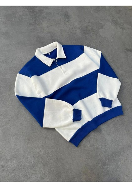 Unisex Üç Iplik Parçalı Yakalı Sweatshirt - Mavi fırsatları