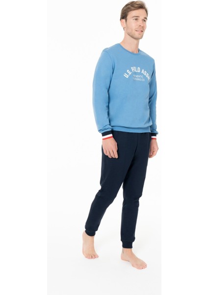 18943 Erkek Mavı Yuvarlak Yaka Uzun Kollu Pijama Takımı modelleri