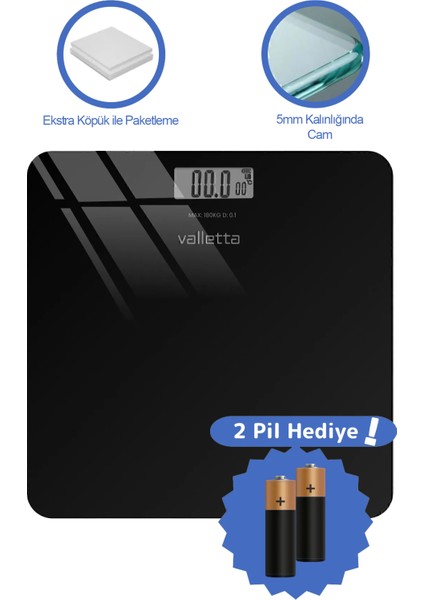 LCD Ekranlı, Pil Hediyeli, Şık Dijital Cam Tartı, 180 kg Kapasite, Modern Tasarım