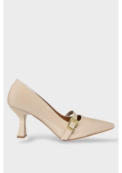 Kadın Tek Bant Tokalı Sivri Burun Topuklu Ayakkabı Bej