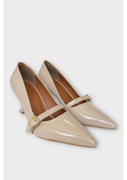 Kadın Tek Bant Tokalı Sivri Burun Topuklu Ayakkabı Bej modelleri