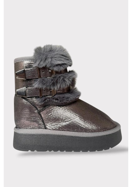Içi Kürklü Çift Kemerli Kalın Taban Kız Çocuk Bot Platin