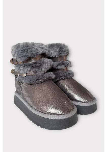 Içi Kürklü Çift Kemerli Kalın Taban Kız Çocuk Bot Platin modelleri