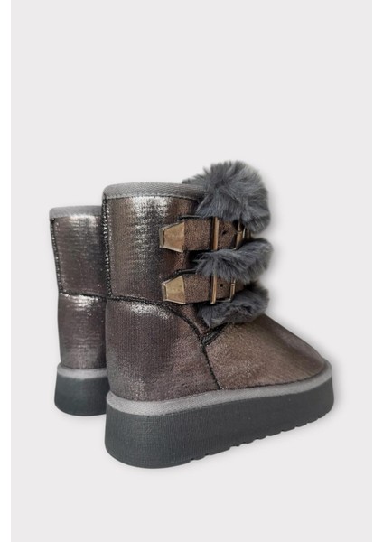 Içi Kürklü Çift Kemerli Kalın Taban Kız Çocuk Bot Platin indirimleri