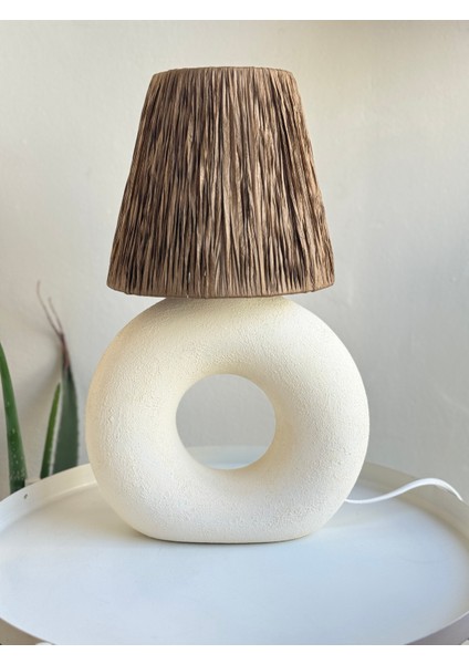 Kahverengi Başlıklı Ham Seramik Beyaz Simit Abajur