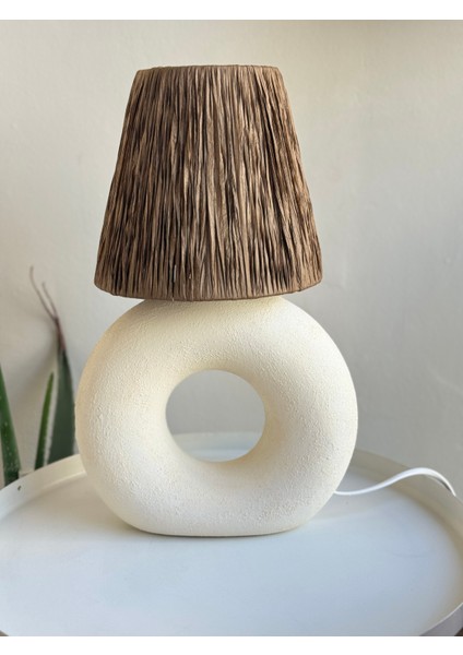 Kahverengi Başlıklı Ham Seramik Beyaz Simit Abajur fırsatları