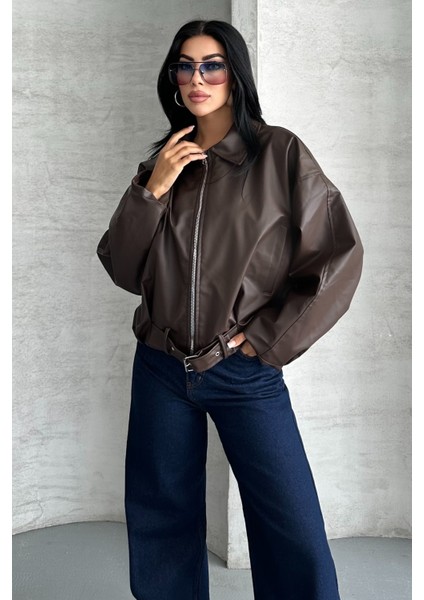 Kadın Oversize Bomber Suni Deri Ceket | Yeni Sezon Kemerli Biker Ceket fiyatları