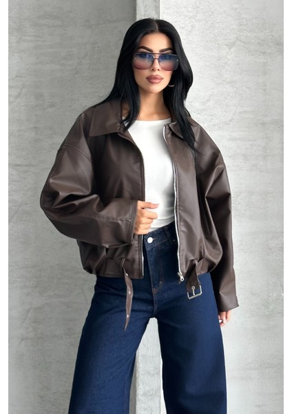 Kadın Oversize Bomber Suni Deri Ceket | Yeni Sezon Kemerli Biker Ceket modelleri