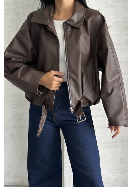 Kadın Oversize Bomber Suni Deri Ceket | Yeni Sezon Kemerli Biker Ceket fırsatları