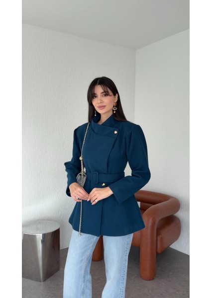 Petrol Mavisi Kısa Kaşe Kaban