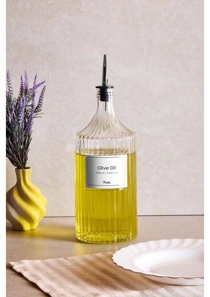 Şeffaf 1000 ml Cam Şişe ve Kapaklı Çift Kapaklı Yağlık Seti