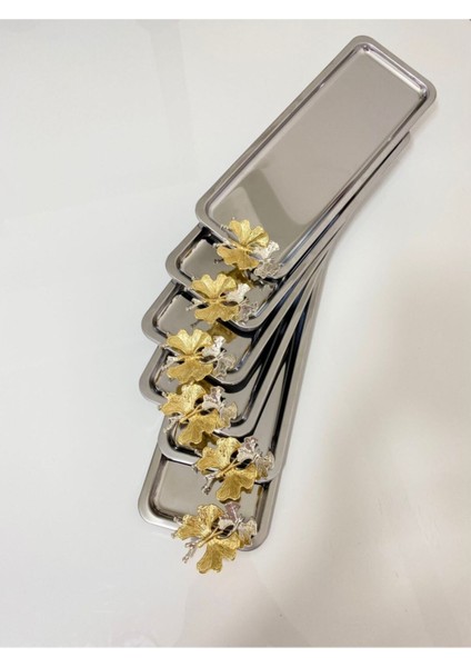 6'lı Paslanmaz Çelik Kelebekli Servis ve Sunum Tepsisi, Şık ve Dayanıklı Set fiyatları