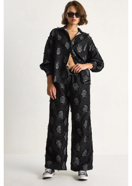 Kadın Oversize Gömlek Beli Lastikli Pantolon Saçaklı Dokuma Alt-Üst Takım