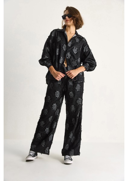 Kadın Oversize Gömlek Beli Lastikli Pantolon Saçaklı Dokuma Alt-Üst Takım fırsatları