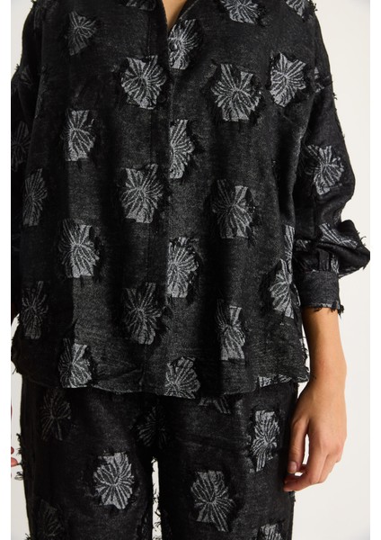 Kadın Oversize Gömlek Beli Lastikli Pantolon Saçaklı Dokuma Alt-Üst Takım