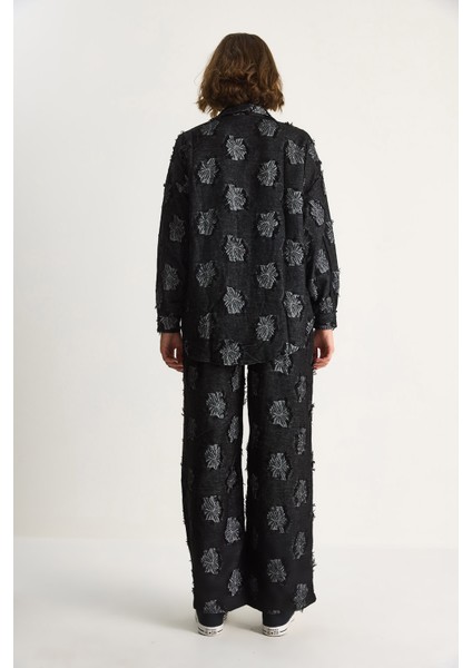 Kadın Oversize Gömlek Beli Lastikli Pantolon Saçaklı Dokuma Alt-Üst Takım