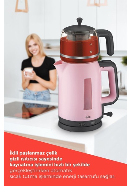 Pembe Çay ve Su Isıtıcı, Cam Demlikli, 2200W, Sağlıklı ve Şık Tasarım