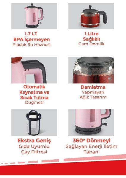 Pembe Çay ve Su Isıtıcı, Cam Demlikli, 2200W, Sağlıklı ve Şık Tasarım