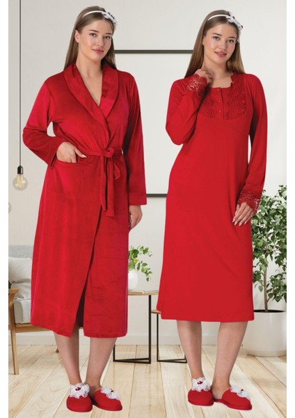 Mecit 6505 Kırmızı Kadife Sabahlıklı Gecelik Takım