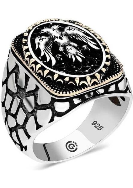 Gümüş Çift Başlı Kartal Oval Erkek Yüzük