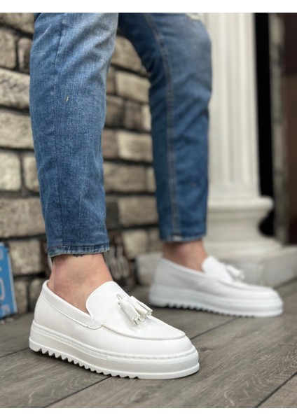 ET0154 Bağcıksız Yüksek Taban Cilt Beyaz Renk Püsküllü Erkek Ayakkabı modelleri