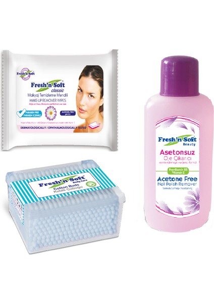Freshn Soft Makyaj Temizleme Mendili + Oje Çıkarıcı Asetonsuz 200 ml + Kulak Temizleme Çubuğu 200'LÜ