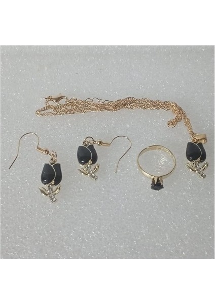 Set Günlük Giyim & Iş Yeri Black Tulıp Zincirli Kolye & Yüzük & Küpe Seti fırsatları